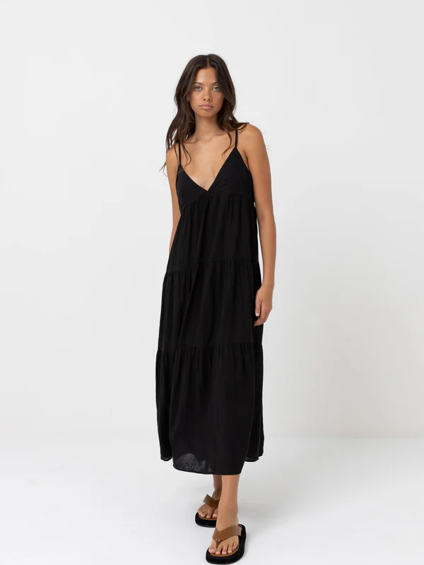 Rhythm - Classic Tiered Midi Dress - Black