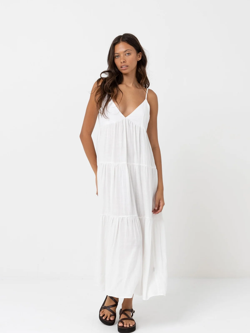 Rhythm - Classic Tiered Midi Dress - White